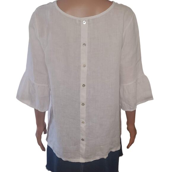 Terzo Millennio Size M White Linen Faux Back Buttons Ruffle Bell 3/4 Sleeve Top - Picture 5 of 10